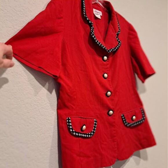 Elegant Vintage 90s Red Blouse Pearl Buttons Collared Shirt Jacket Shacket sz 12 - Picture 4 of 11